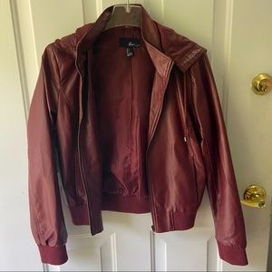 Brick Red Faux Leather Bomber Jacket